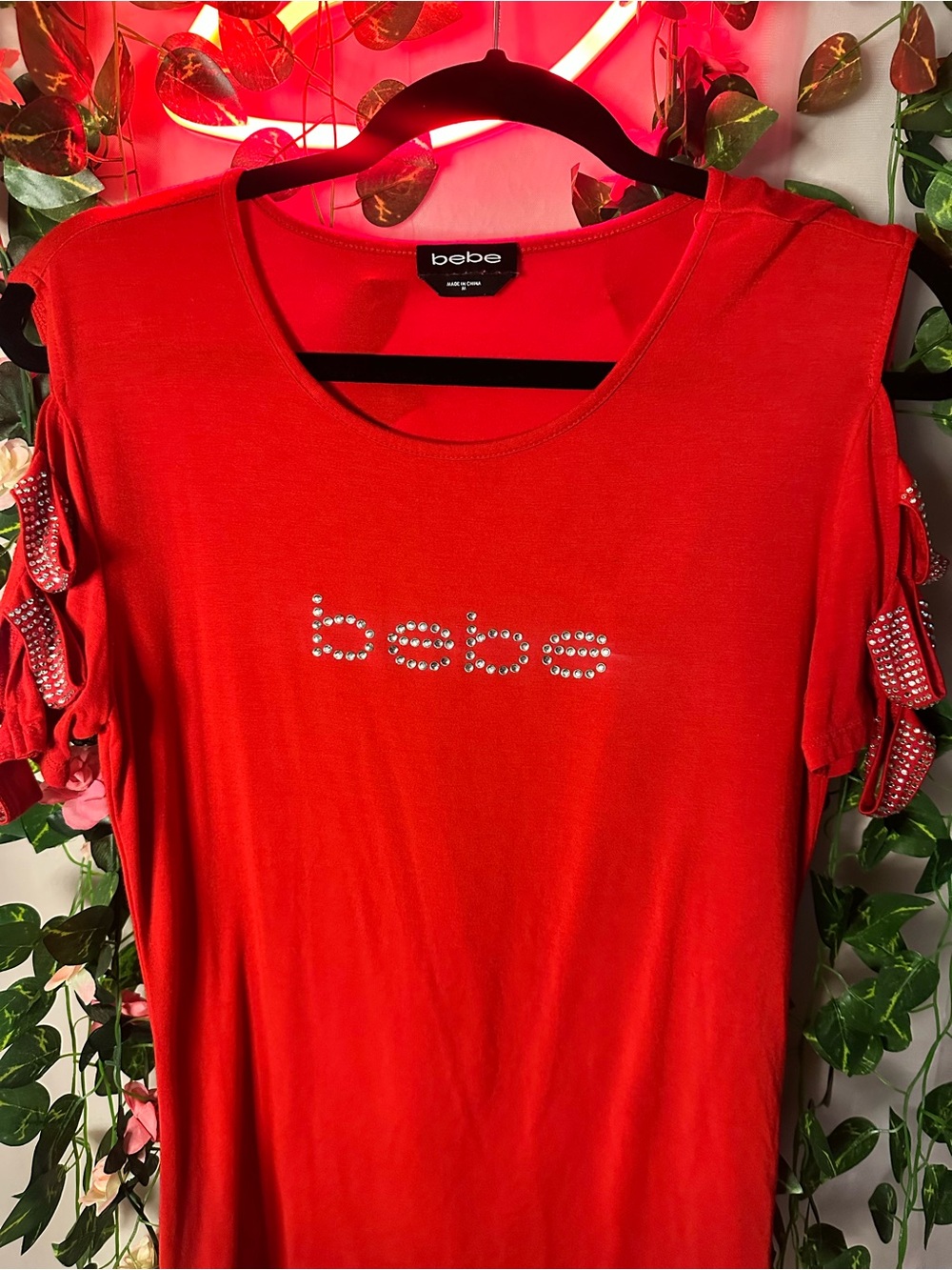 bebe Red Crystal Logo Cold-Shoulder Top - Picture 2 of 5